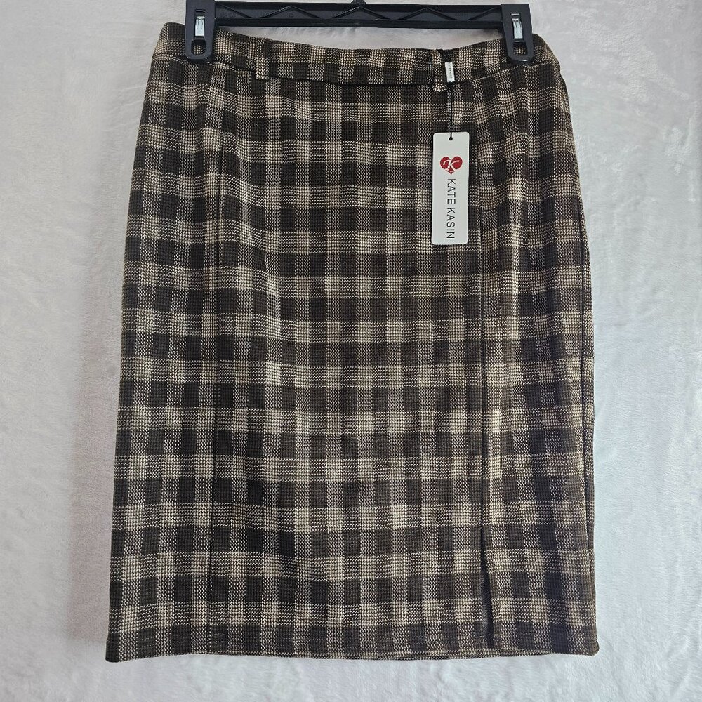 Kate Kasin Pencil Skirt Brown Plaid Size L High Waist Zip Closure Office